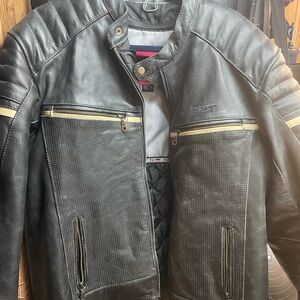 Men's Black Bilt brand Leather Jacket with Cream Zip Accents